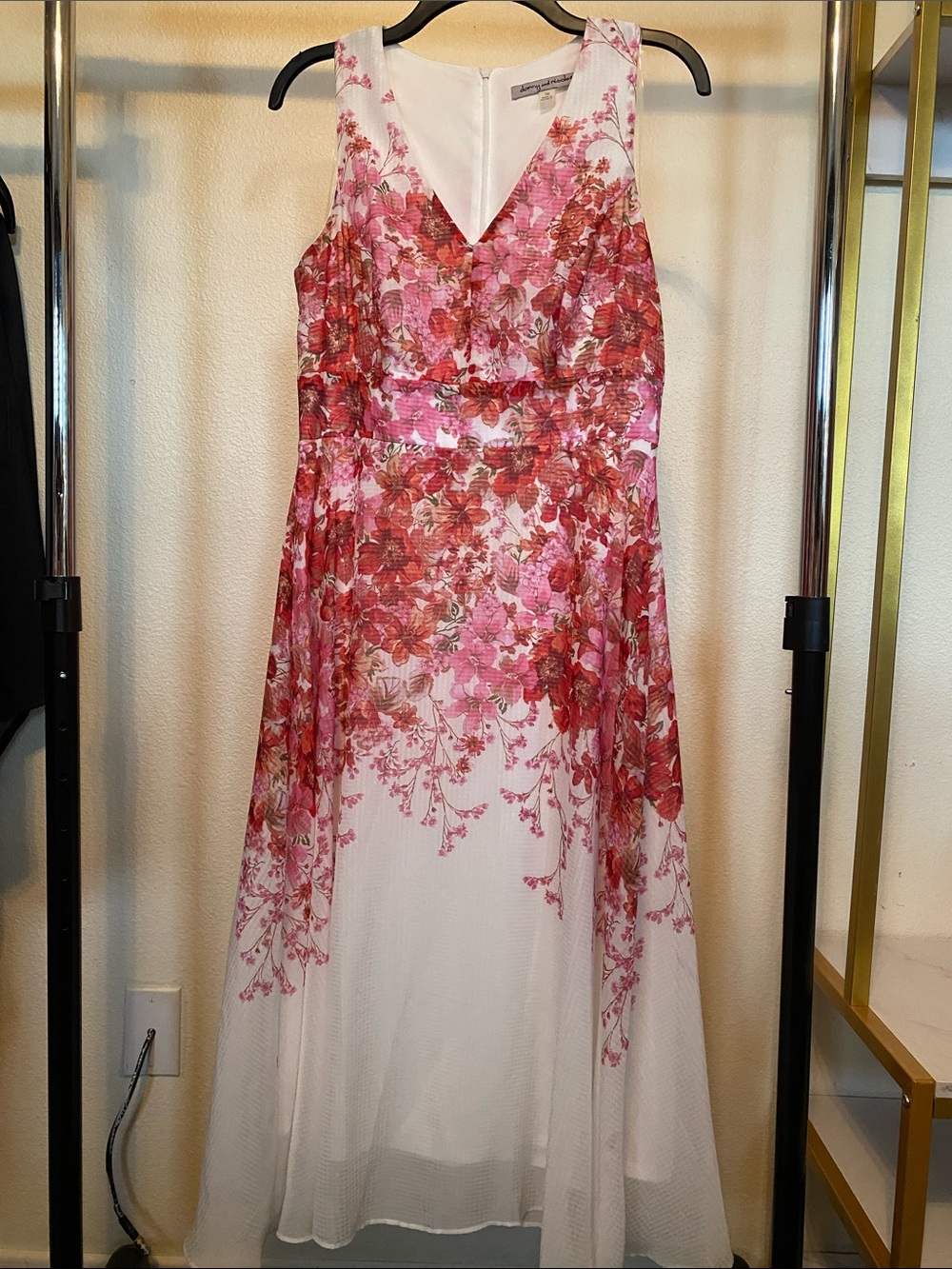 Danny & Nicole Pink Floral V-Neck Maxi Dress on White